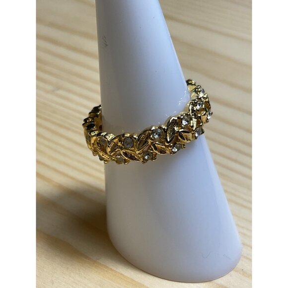 Gold Tone Leaf & Rhinestone Ring - Picture 2 of 4